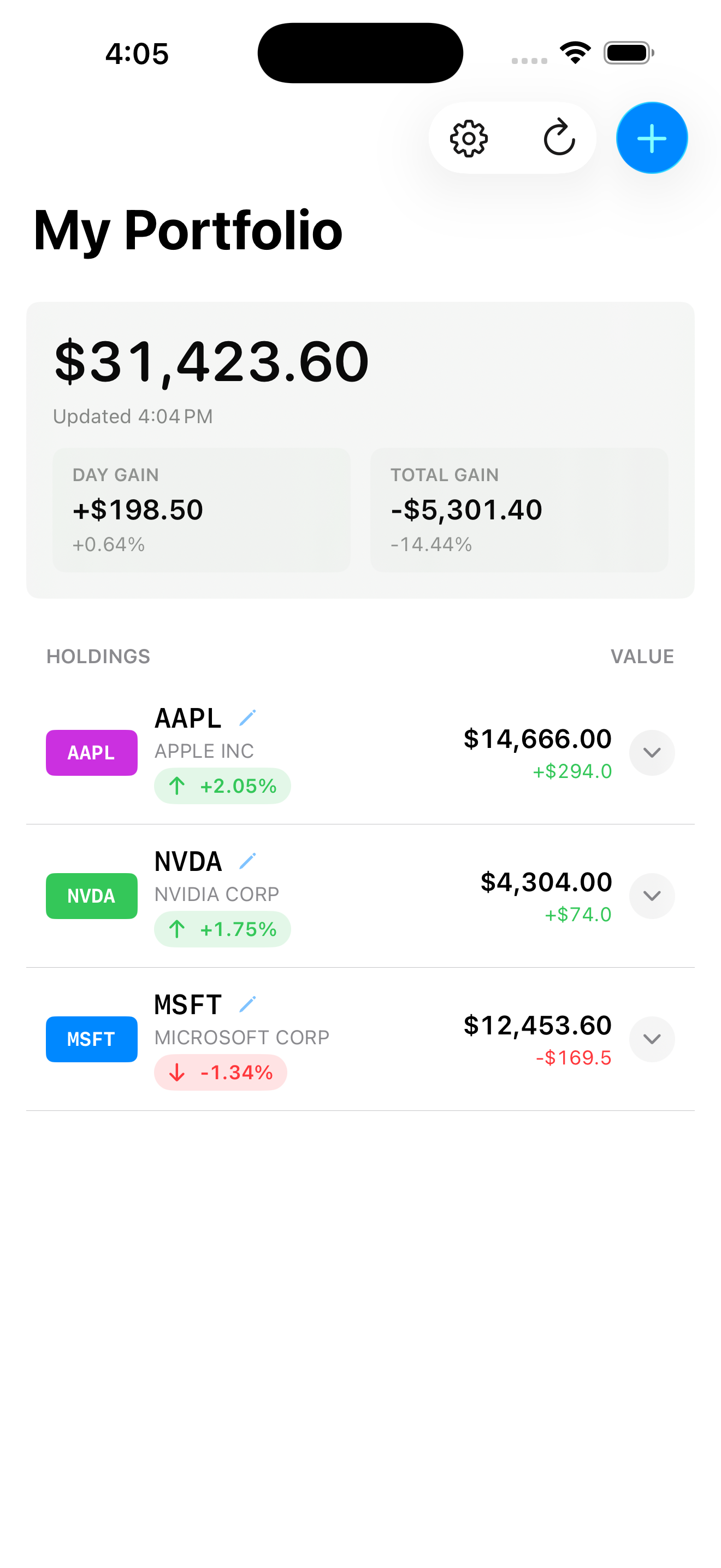 Portfolio dashboard showing total value and holdings