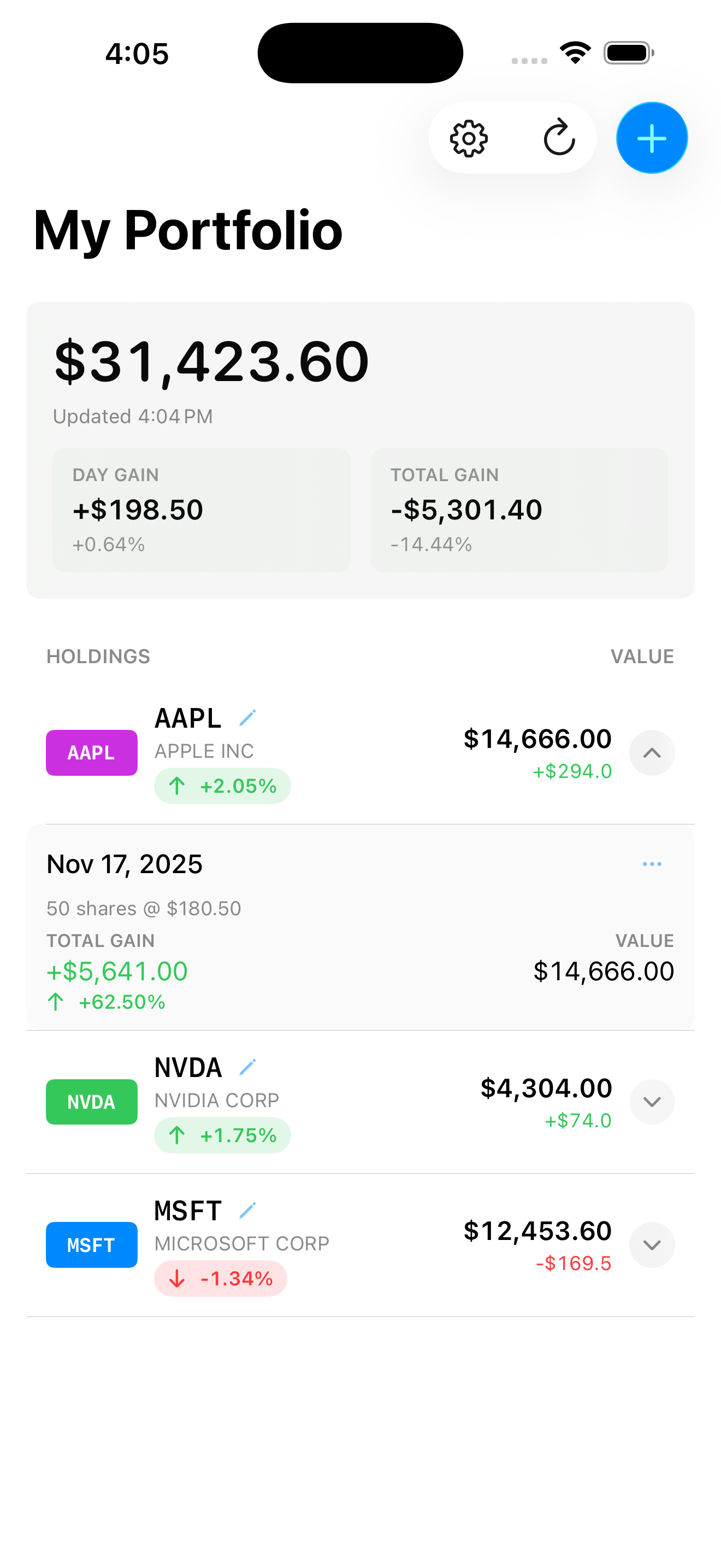 AAPL lot detail showing +62% gain