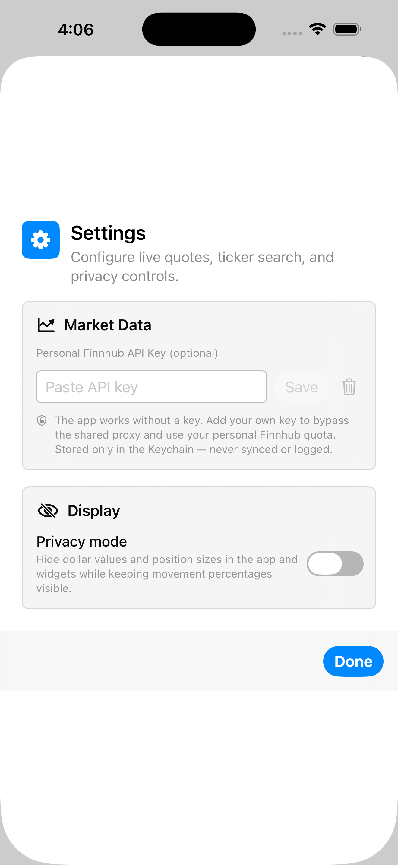 Settings with privacy mode and Finnhub key